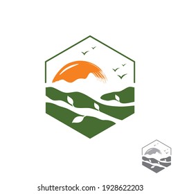Farming design emblem for agriculture symbol with sun. Rural country farming field. Vector illustration EPS.8 EPS.10