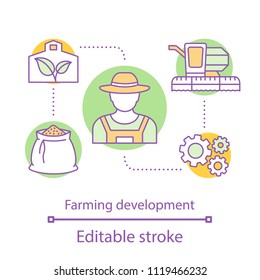 Farming development concept icon. Agricultural business idea thin line illustration. Agriculture. Agricultural sector. Vector isolated outline drawing. Editable stroke