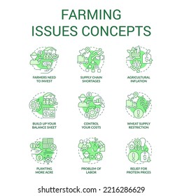 Farming drawbacks concept icons set. Agriculture issue. Problems farmers face idea thin line color illustrations. Isolated symbols. Editable stroke. Roboto-Medium, Myriad Pro-Bold fonts used