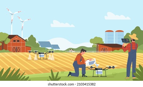 Farming with drone. Farm management from tablet, fields irrigation using drones, smart agriculture, alternative energy source, modern technology in countryside, vector isolated concept