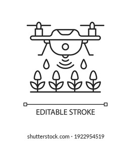 Farming drones linear icon. Precision agriculture. Drone mapping. Automation in agronomy. Thin line customizable illustration. Contour symbol. Vector isolated outline drawing. Editable stroke