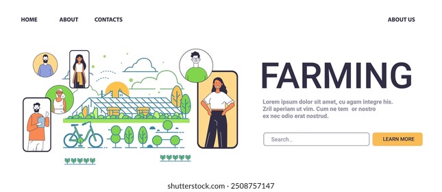 Farming eco-friendly practices concept with people greenhouse plants trees minimalistic style