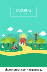 Farming ecological. Web banner with flat ecological elements. Environmental concept providing the natural resources and ecosystem services. Vector illustration.