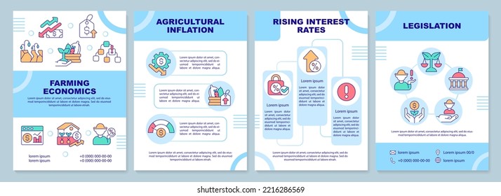 Farming economics turquoise brochure template. Agro management. Leaflet design with linear icons. Editable 4 vector layouts for presentation, annual reports. Arial-Black, Myriad Pro-Regular fonts used