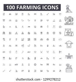 Farming editable line icons, 100 vector set, collection. Farming black outline illustrations, signs, symbols