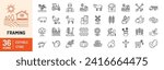 Farming editable stroke outline Icons set. Farming, agriculture, mill, harvesting, vegetables, wheat, milk and egg. Vector illustration