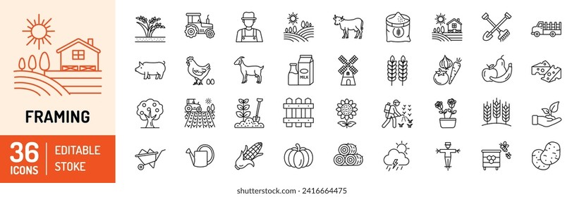 Farming editable stroke outline Icons set. Farming, agriculture, mill, harvesting, vegetables, wheat, milk and egg. Vector illustration