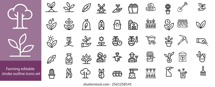 Farming editable stroke outline Icons set. Farming, agriculture, mill, harvesting, vegetables, wheat, milk and egg. Vector illustration