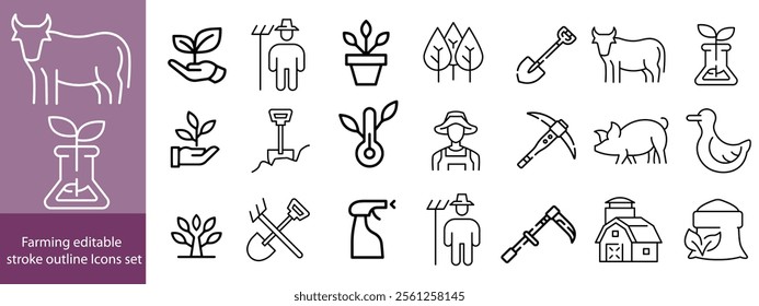 Farming editable stroke outline Icons set. Farming, agriculture, mill, harvesting, vegetables, wheat, milk and egg. Vector illustration