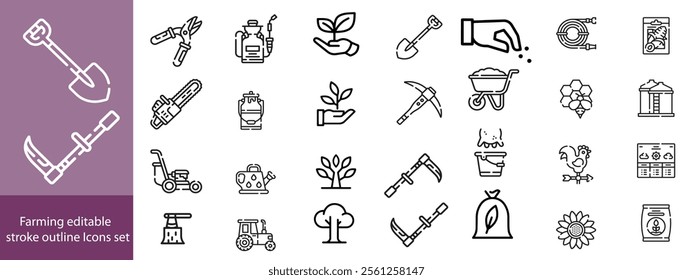 Farming editable stroke outline Icons set. Farming, agriculture, mill, harvesting, vegetables, wheat, milk and egg. Vector illustration