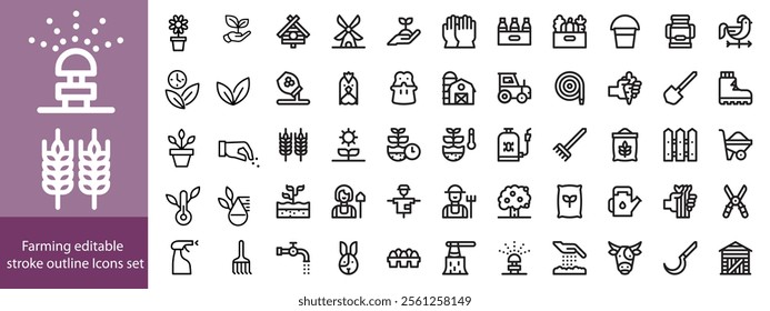 Farming editable stroke outline Icons set. Farming, agriculture, mill, harvesting, vegetables, wheat, milk and egg. Vector illustration