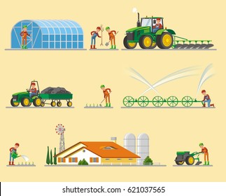 Farming elements collection with greenhouse tree planting harvesting irrigation system barn tillage products watering growing isolated vector illustration