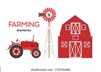 Farming Elements. Red Barn, Tractor, Windmill. Flat Vector Elements.