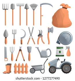 Farming equipment icon set. Cartoon set of farming equipment vector icons for web design