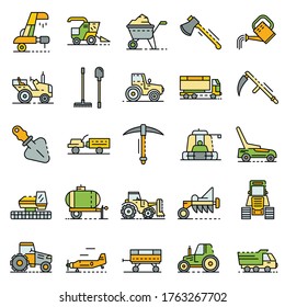 Juego de iconos de equipo de agricultura. Conjunto de esquemas de equipamiento de cultivo iconos vectoriales color de línea delgada plano aislado en blanco