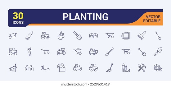 Farming Equipment icon set. Set of Planting and gardening. Related to agriculture, farmland, harvesting, garden and more. Outline plants symbols.