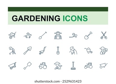 Farming Equipment icon set. Set of Planting and gardening. Related to agriculture, farmland, harvesting, garden and more. Outline plants symbols.