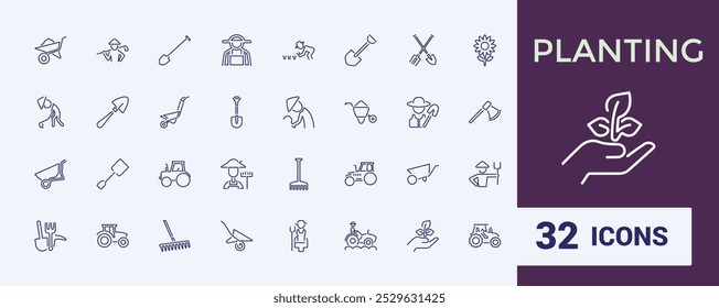 Farming Equipment icon set. Set of Planting and gardening. Related to agriculture, farmland, harvesting, garden and more. Outline plants symbols.