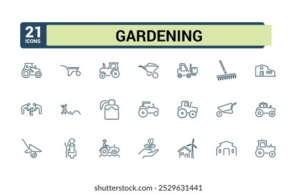 Farming Equipment icon set. Set of Planting and gardening. Related to agriculture, farmland, harvesting, garden and more. Outline plants symbols.