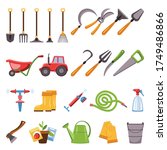 Farming equipment icons set. Cartoon set of farming equipment vector icons for web design