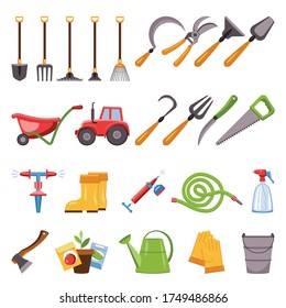 Farming equipment icons set. Cartoon set of farming equipment vector icons for web design