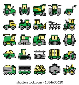 Farming equipment icons set. Outline set of farming equipment vector icons for web design isolated on white background