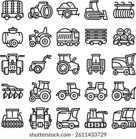 Farming equipment icons set outline
