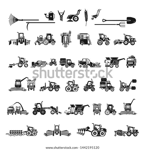 Farming equipment
icons set. Simple set of farming equipment vector icons for web
design on white
background