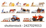 Farming evolution. Animal plowing plough, history timeline agriculture, ancient farmer with primitive tools machining field equipment cultivated soil, vector illustration of evolution farming work