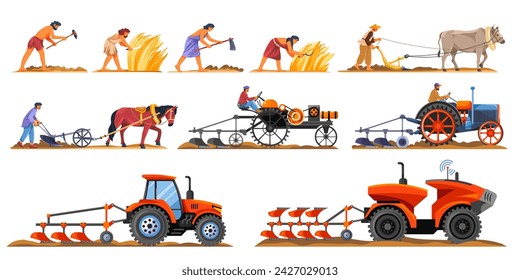 Evolución agrícola. Arado de animales, historia de la agricultura de línea de tiempo, agricultor antiguo con herramientas primitivas que mecanizan el equipo de campo suelo cultivado, ilustración vectorial de la evolución del trabajo agrícola