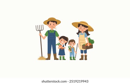 A farming family holding vegetables, tools, and smiling happily together.