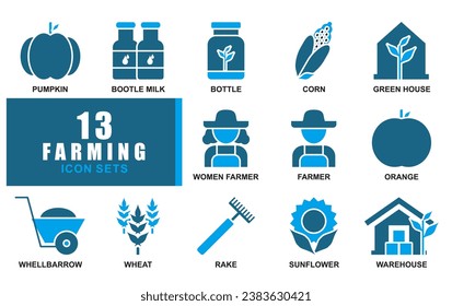 Farming farmer Icon Collection sets. Blue Icons as Vision, Training, work time, connectivitas and more. Simple web blue icons set. editable icon