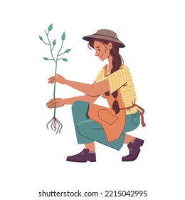 Farming female character planting saplings, flower or tree. Gardening and tending orchard, farmer wearing hat working on field. Vector in flat cartoon style