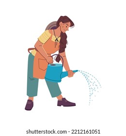 Farming female character watering soil from can, purified liquid for plants in garden or field. Agriculture and gardening. Vector in flat cartoon style