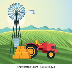 farming field with tractor windmill and bales of hay farm vector illustration