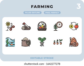 Farming Filled Icons Pack for UI. Editable Stroke. Pixel perfect thin line vector icon set for web design and website application.
