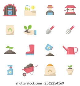 Farming flat  icon set. The set includes a Farm, Farmer, Agricultural Field, Domestic Cattle and Harvesting tools