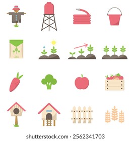 Farming flat icon set. The set includes a Farm, Farmer, Agricultural Field, Domestic Cattle and Harvesting tools