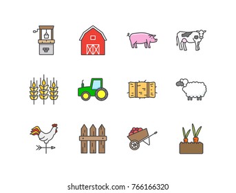 Farming flat line colored icons set with water well, barn, pig, cow, sheep, wheat, tractor, hay, rooster, fence, wheelbarrow, carrot plant.