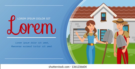 Farming Flat Web Banner Vector Cartoon Template. Happy Young Woman and Man Holding Shovels Characters. Working in Garden, Digging. Couple Standing near House. Countryside. Agriculture, Planting