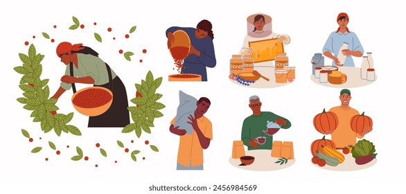 Farming food. Coffee plantation. Farmers work process. Beans cultivating. Local ECO market. Dairy farm. Fruit and vegetable garden. Agriculture worker. Apiary honey. Small business sellers vector set