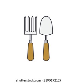 Farming fork and shovel, gardening tools icon in color, isolated on white background 