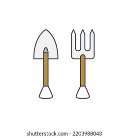Farming fork and shovel, gardening tools icon in color, isolated on white background 
