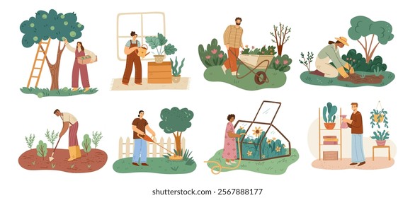 Farming and gardening activities of people with working tools. Vector in flat style, isolated set of farms and yards, orchards and grounds with growing bushes, flowers and plants for business