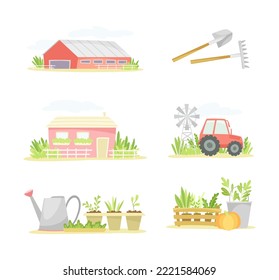 La agricultura, la jardinería y los objetos agrícolas. Barn, granja, tractor, plántulas y herramientas de ilustración vectorial