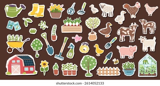 Farming and gardening concept cliparts stickers isolated on brown. Agriculture and farm elements. Vector hand drawn objects collection.