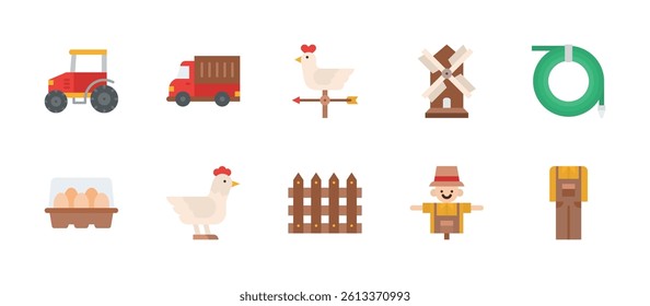 farming and gardening farmer tools icons. flat color style icon set