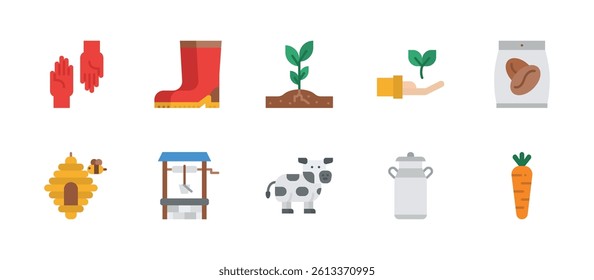 farming and gardening farmer tools icons. flat color style icon set
