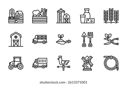 farming and gardening farmer tools icons. outline minimal style icon set