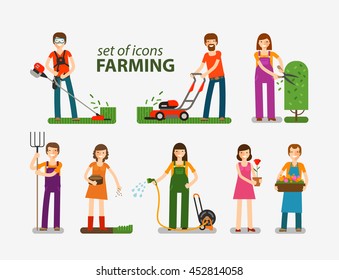 Farming and gardening, horticulture set of icons. People at work on the farm. Vector illustration